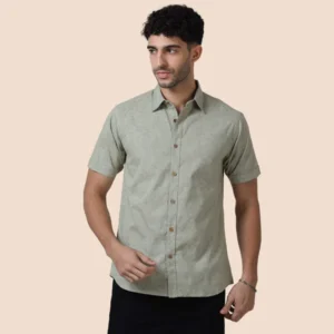 Breeze Linen Half Sleeves Shirt In Green Abstract Print